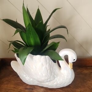 Vintage  White Iridescent Porcelain Swan Planter
